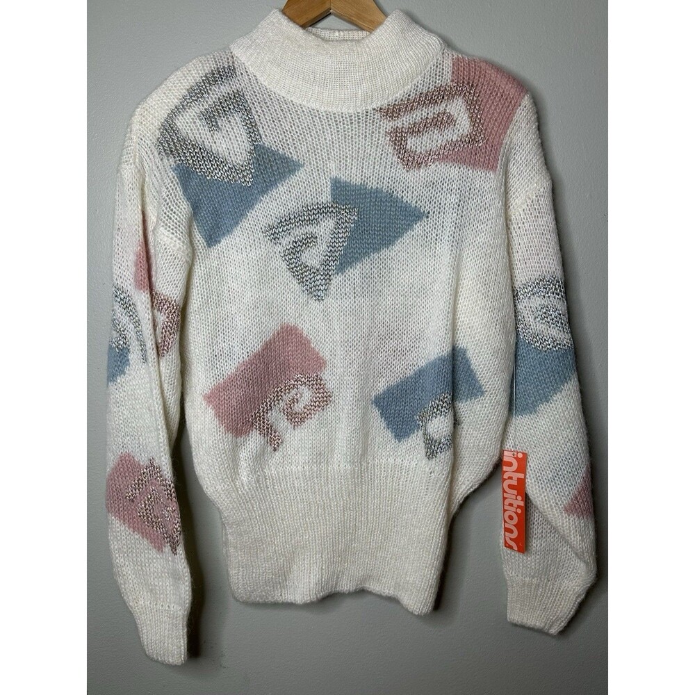 VTG Valley Girl Sweater Size L Wool Blend Geo Print Retro 80s Shoulder Pads NOS